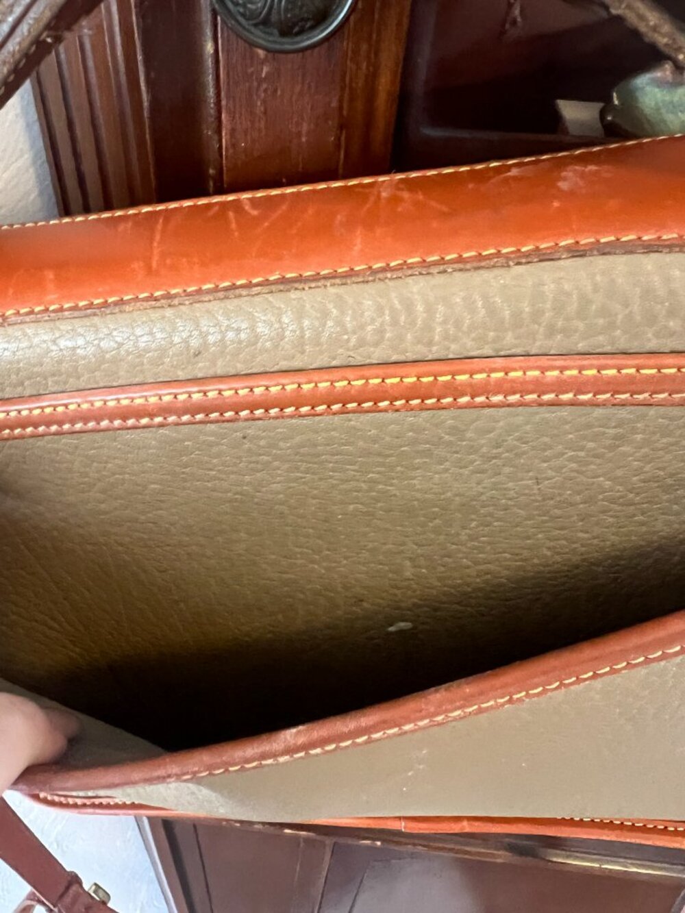 Vintage Dooney & Bourke All-Weather Leather Crossbody – Taupe & British Tan - Picture 7 of 15